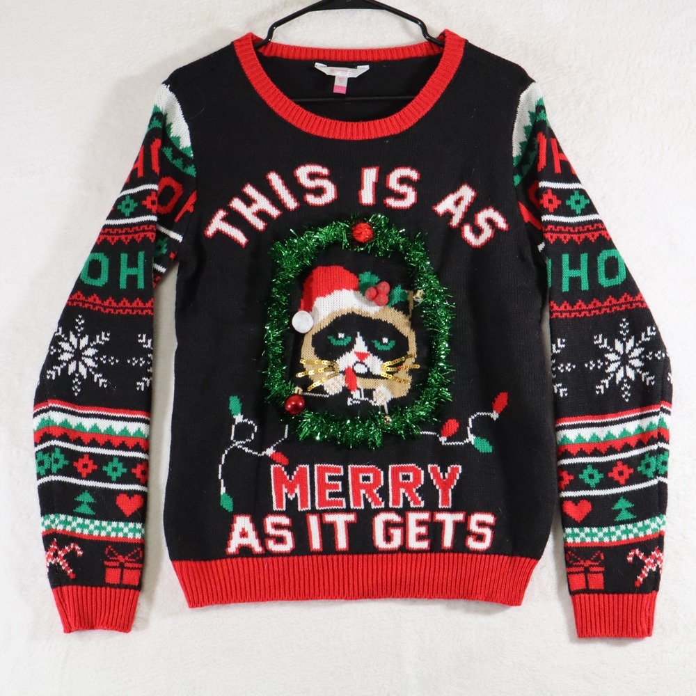 No Boundaries Women's L Ugly Christmas Sweater Grumpy Cat "This Is As Merry As"
